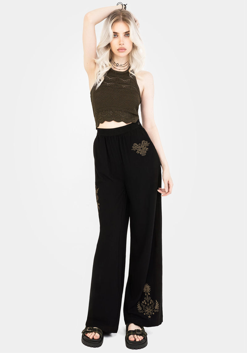 Foliate Linen-Blend Embroidered Wide Leg Trousers - Black