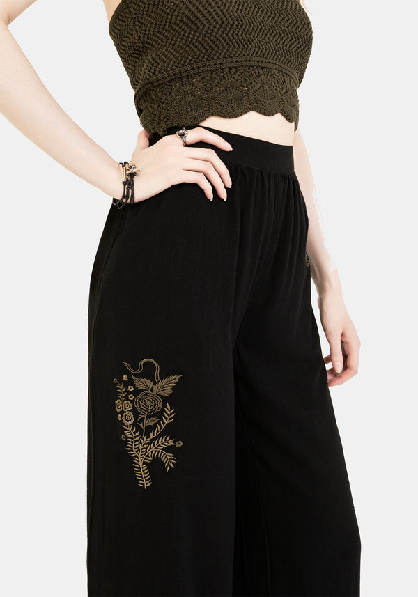 Foliate Linen-Blend Embroidered Wide Leg Trousers - Black