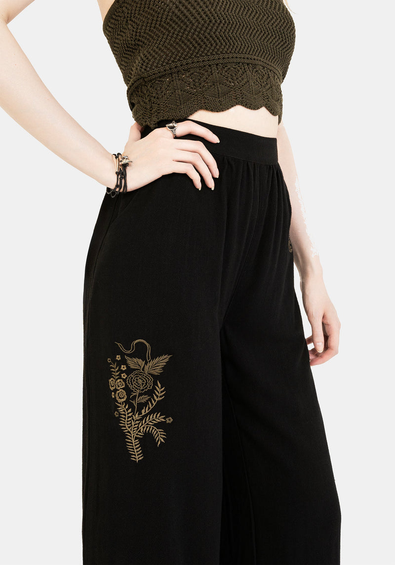 Foliate Linen-Blend Embroidered Wide Leg Trousers - Black