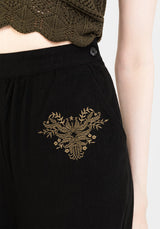 Foliate Linen-Blend Embroidered Wide Leg Trousers - Black