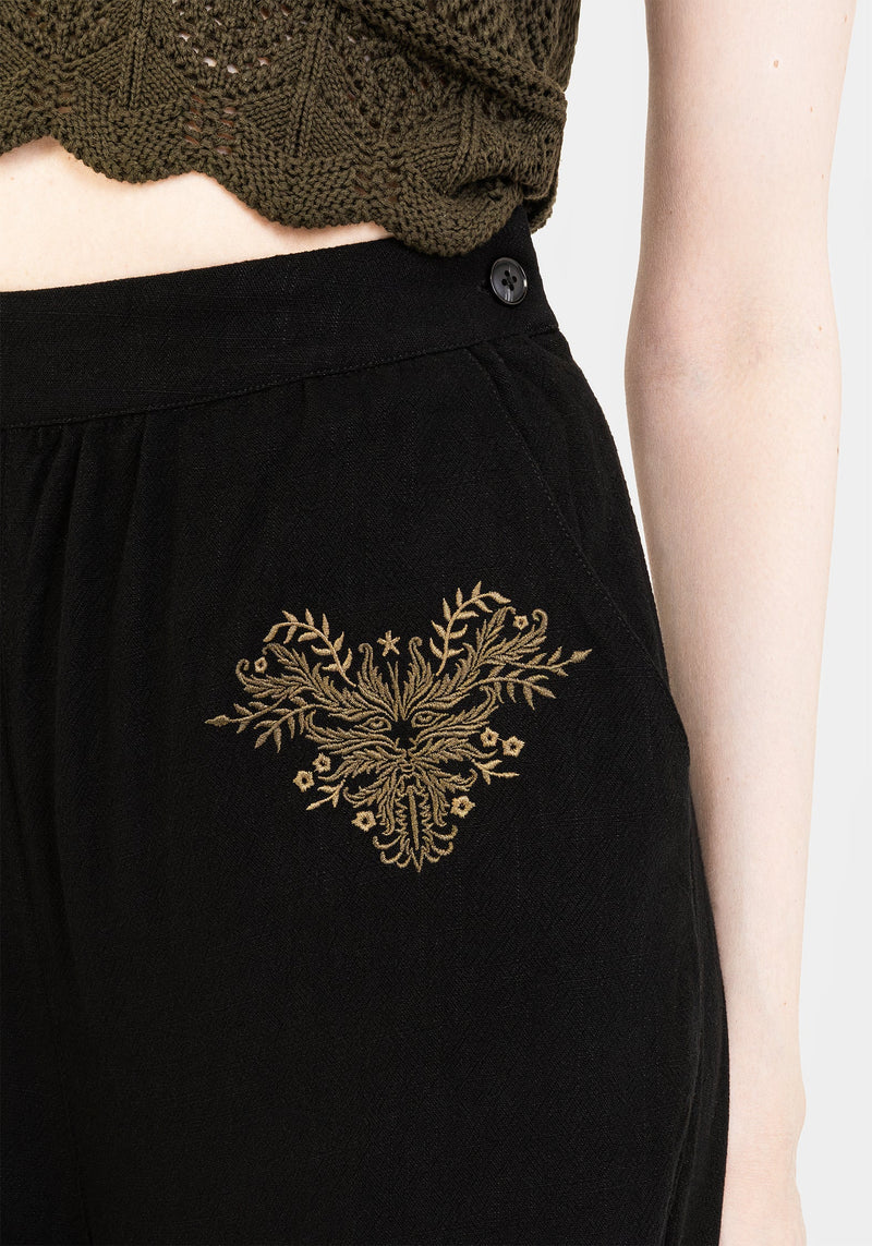 Foliate Linen-Blend Embroidered Wide Leg Trousers - Black