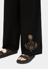 Foliate Linen-Blend Embroidered Wide Leg Trousers - Black