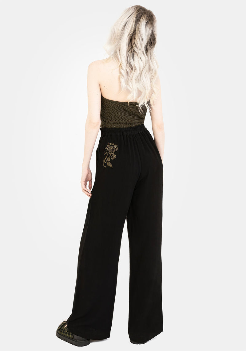 Foliate Linen-Blend Embroidered Wide Leg Trousers - Black