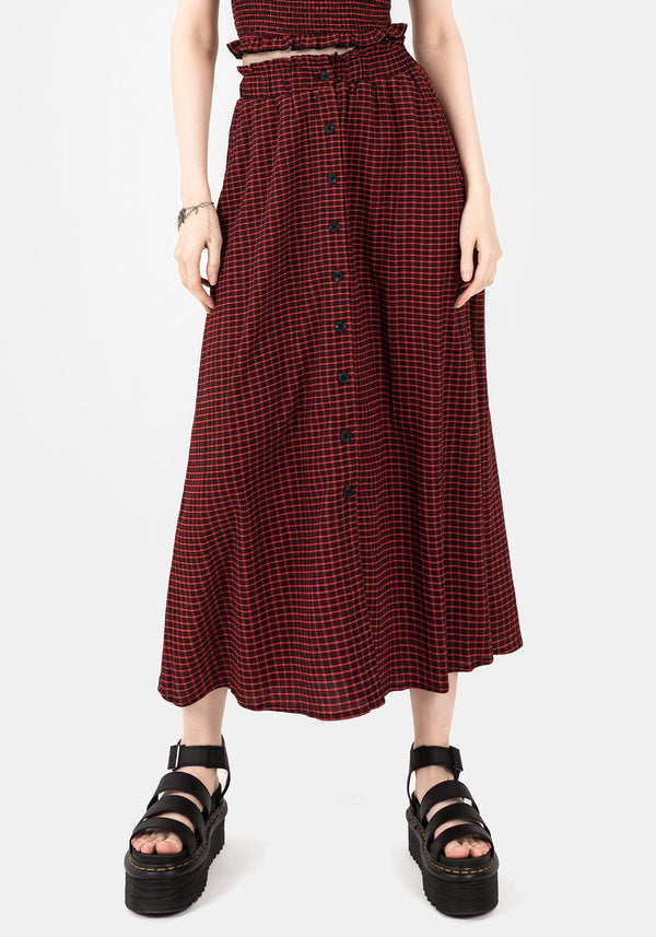 Carmine Textured Check Button Up Midaxi Skirt