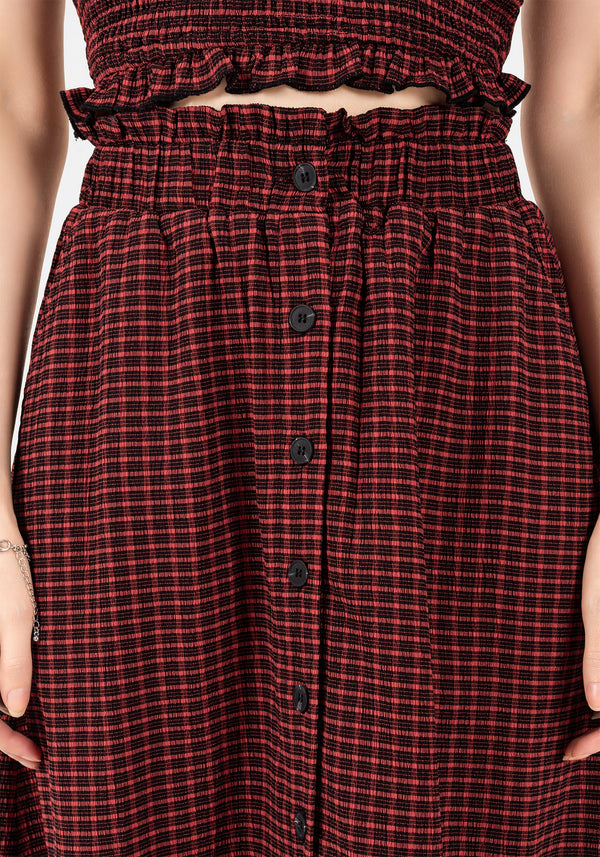 Carmine Textured Check Button Up Midaxi Skirt