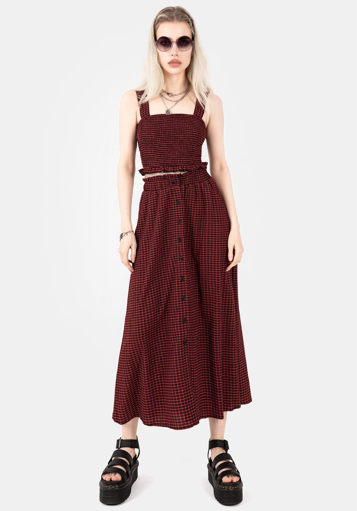 Carmine Textured Check Button Up Midaxi Skirt
