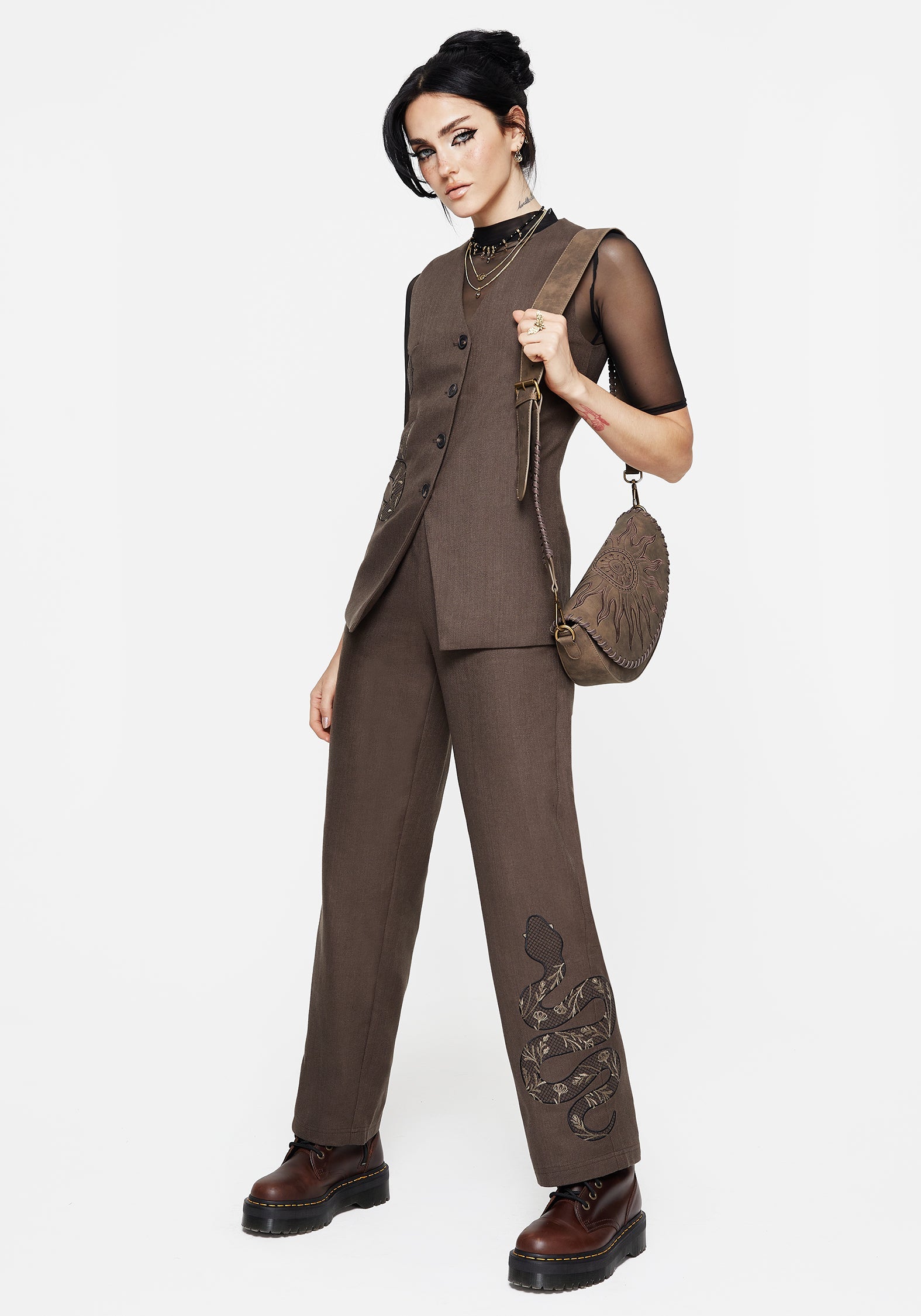 Gaia Linen Blend Snake Embroidered Wide Leg Trouser