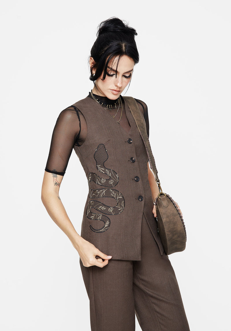 Gaia Linen Blend Snake Embroidered Longline Waistcoat
