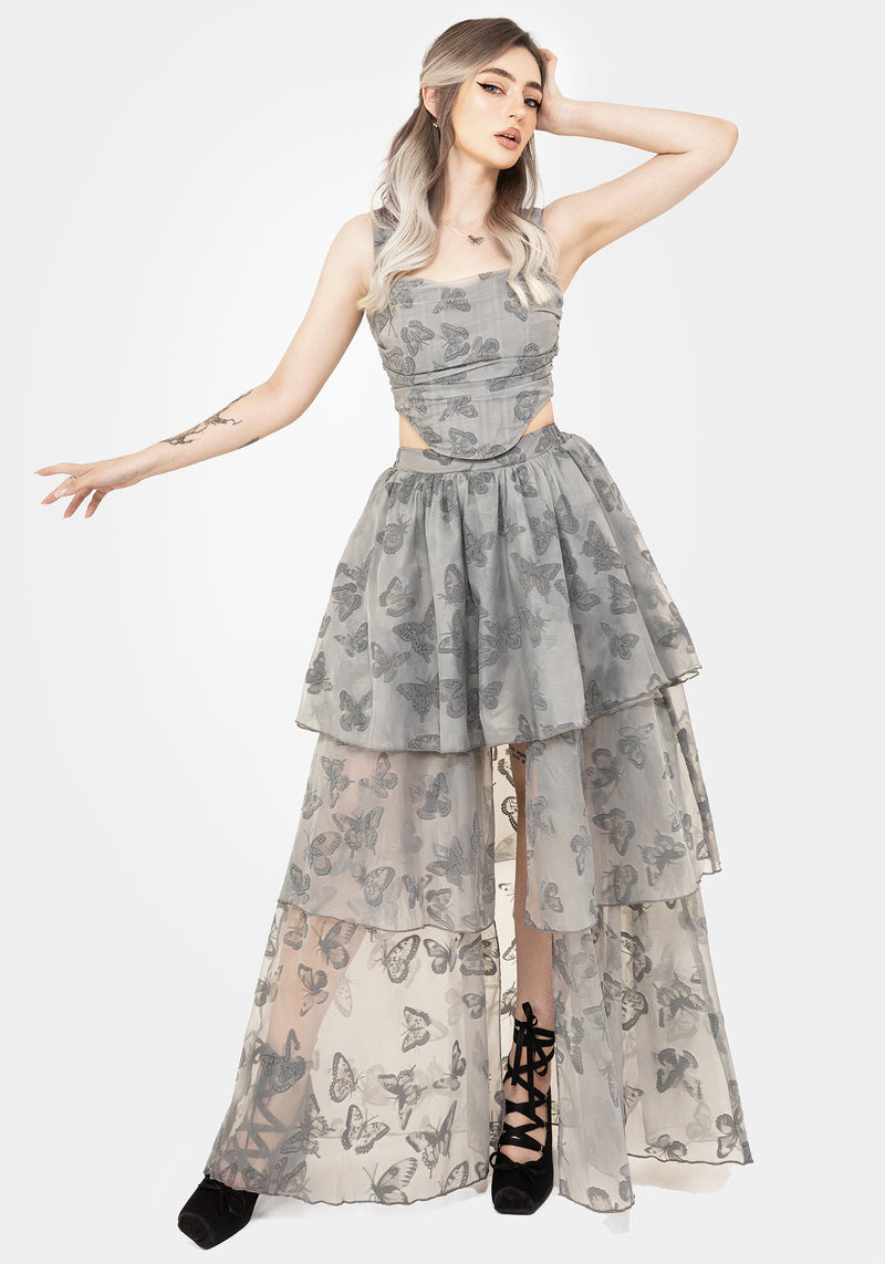 Vanessa Butterfly Print Organza Front Split Tiered Maxi Skirt