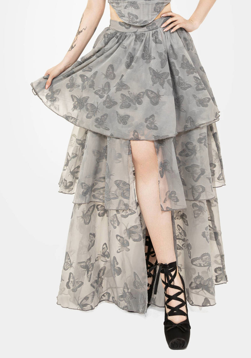 Vanessa Butterfly Print Organza Front Split Tiered Maxi Skirt