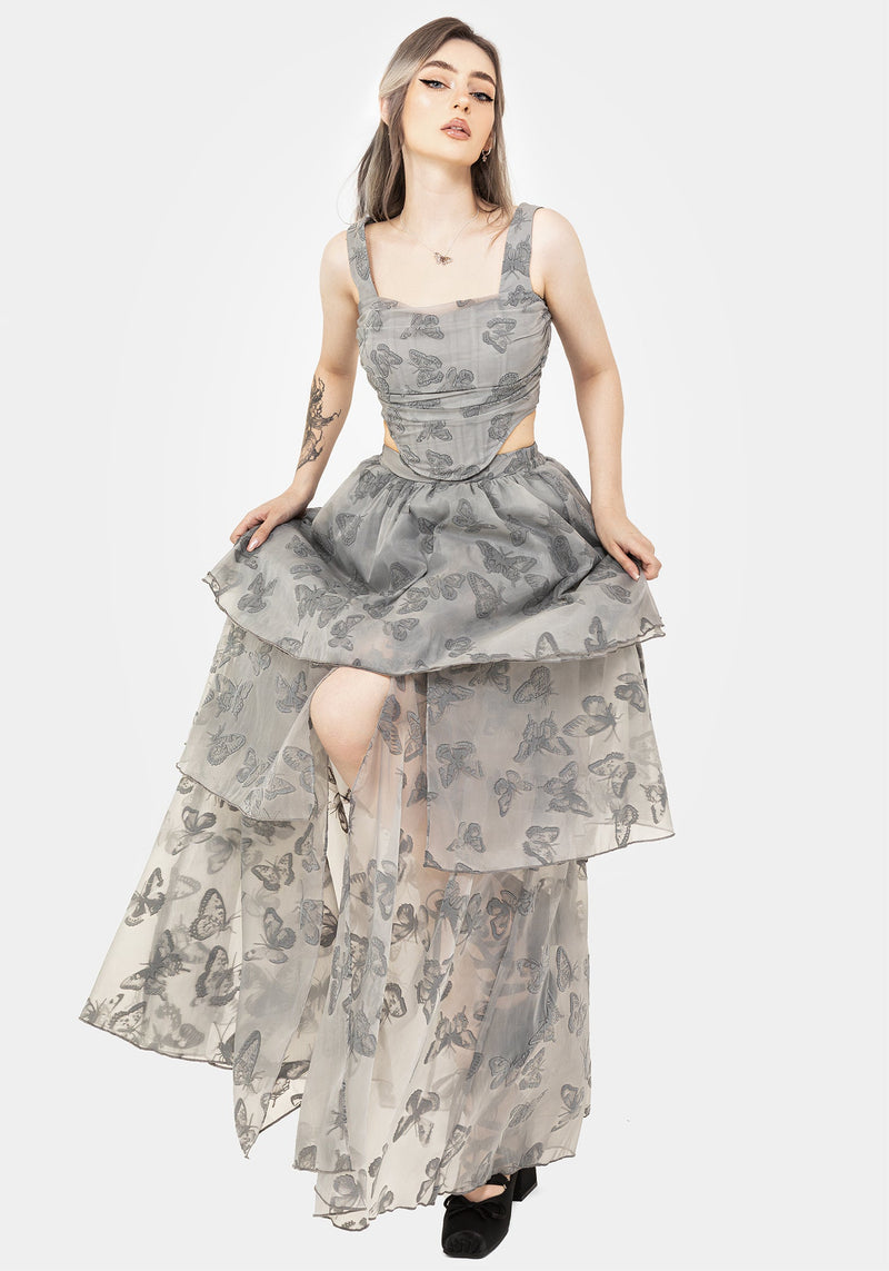 Vanessa Butterfly Print Organza Front Split Tiered Maxi Skirt