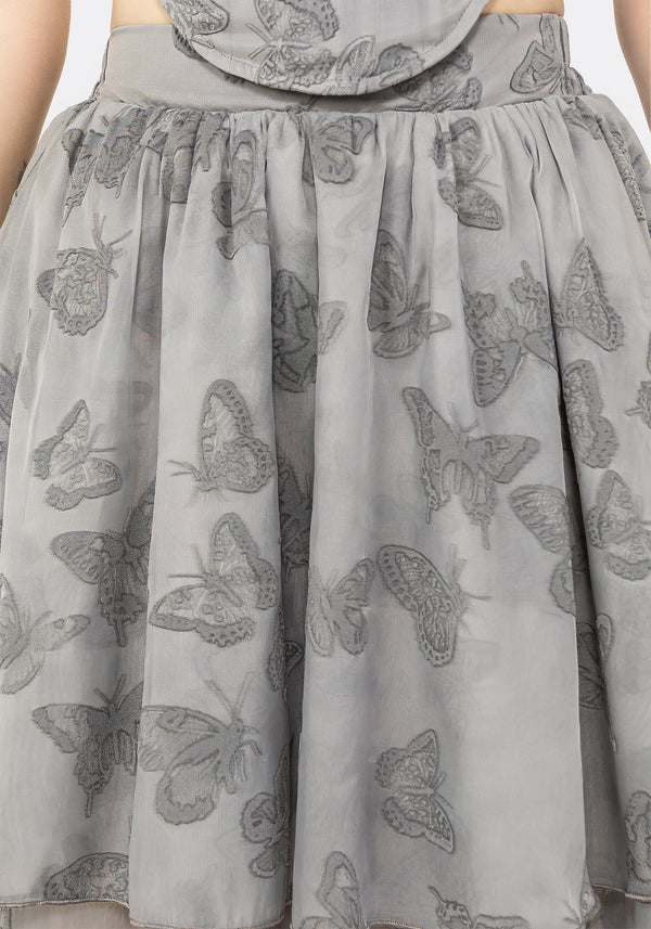 Vanessa Butterfly Print Organza Front Split Tiered Maxi Skirt