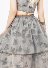 Vanessa Butterfly Print Organza Front Split Tiered Maxi Skirt