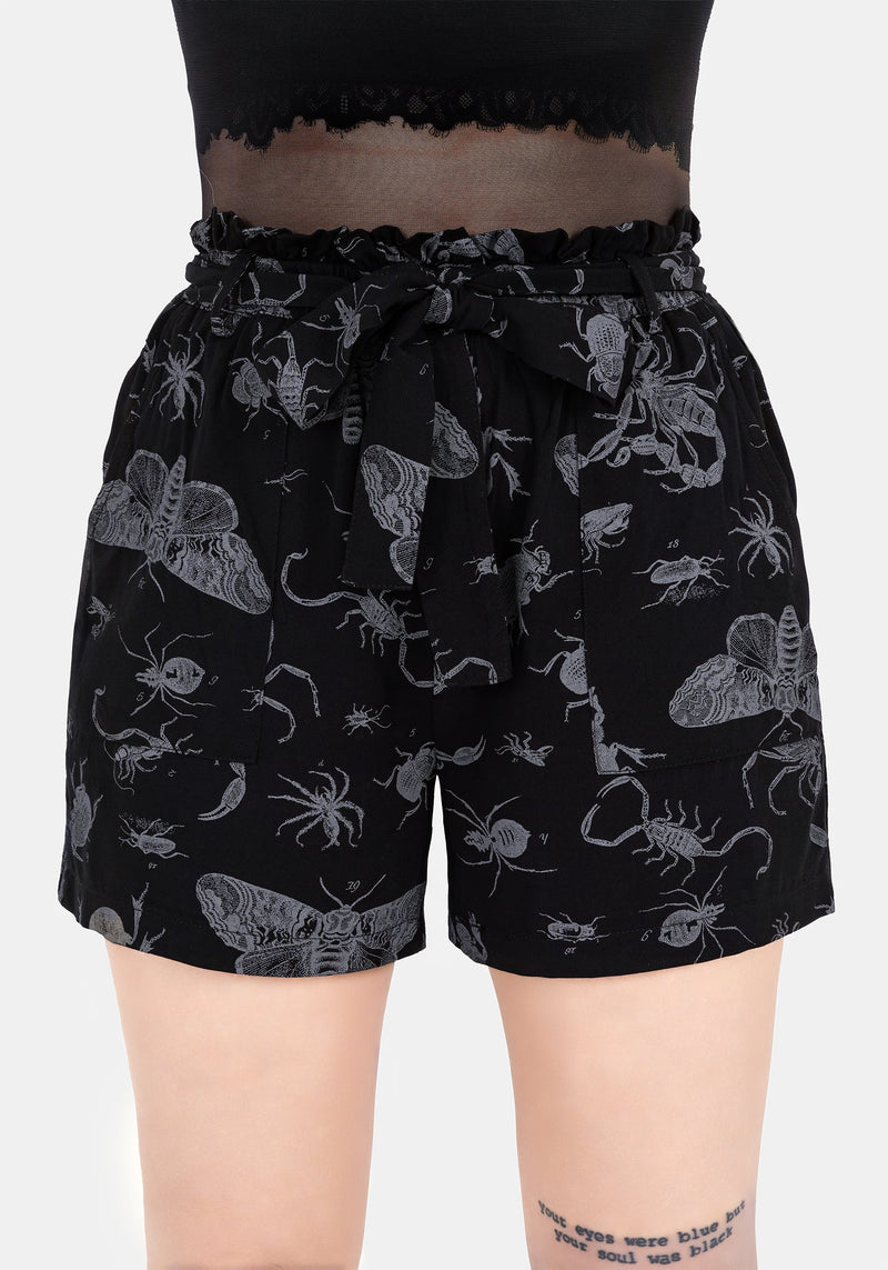 Parasite Bugs Tie Waist Paperbag Shorts - Black