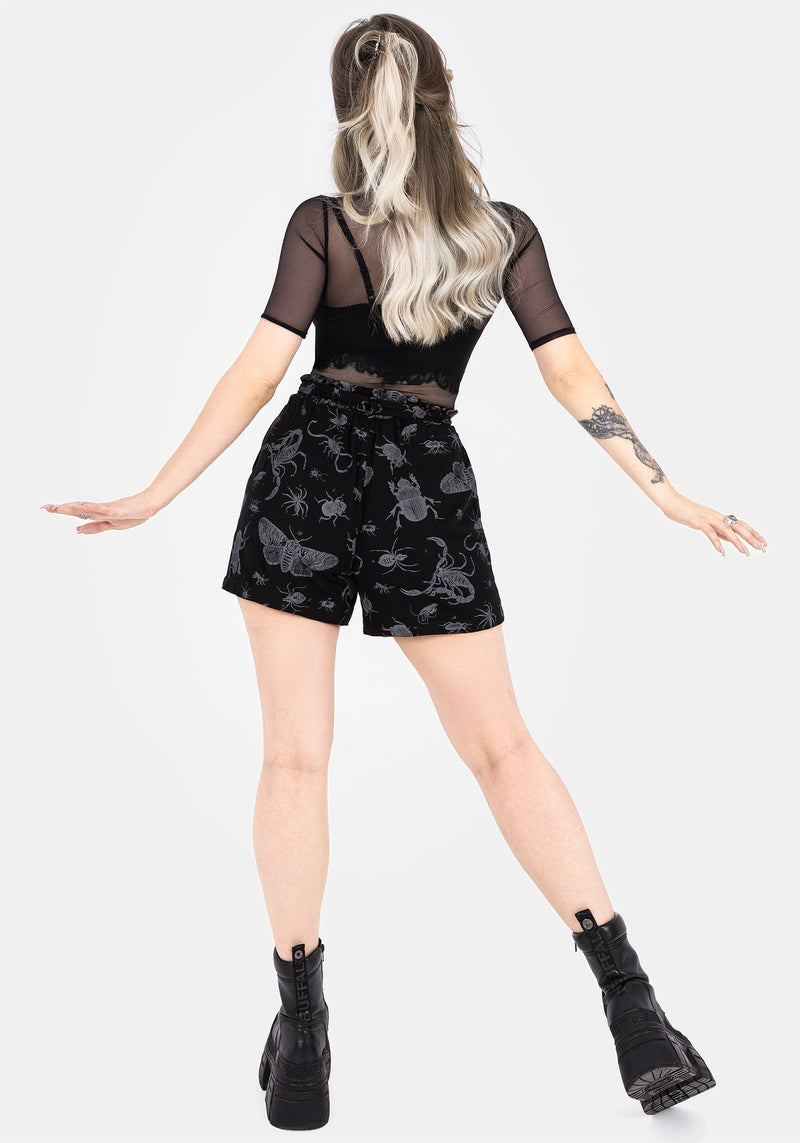 Parasite Bugs Tie Waist Paperbag Shorts - Black