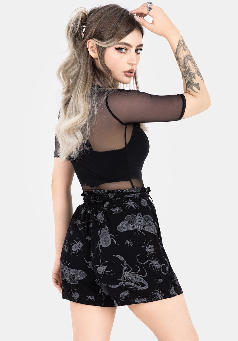 Parasite Bugs Tie Waist Paperbag Shorts - Black