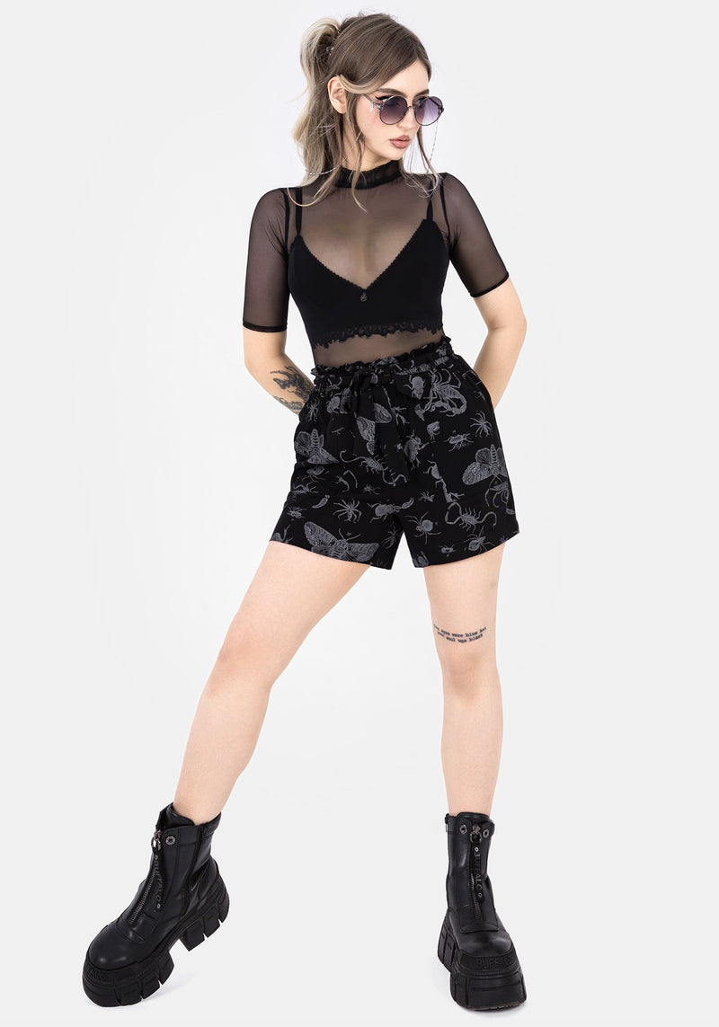 Parasite Bugs Tie Waist Paperbag Shorts - Black