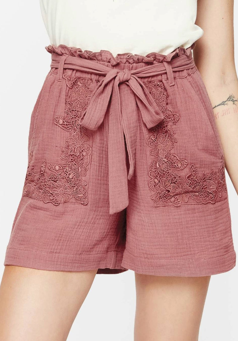 Rosamoth Applique Trim Cotton Tie Waist Shorts