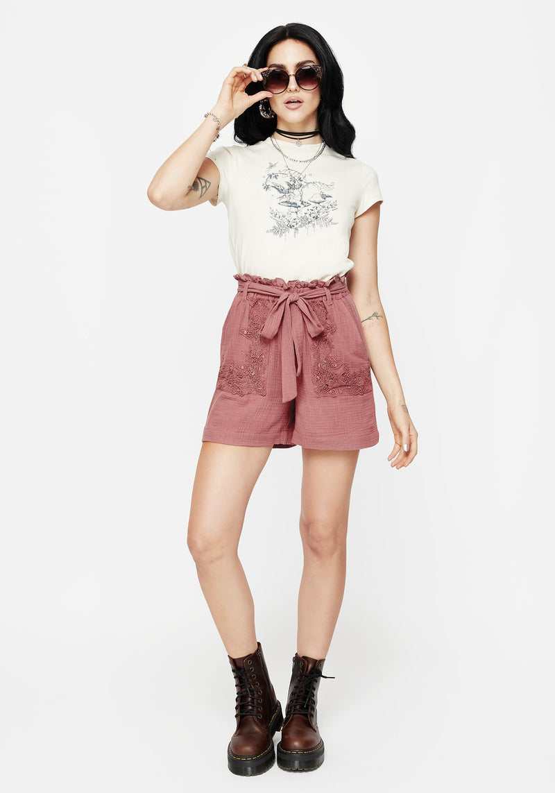 Rosamoth Applique Trim Cotton Tie Waist Shorts