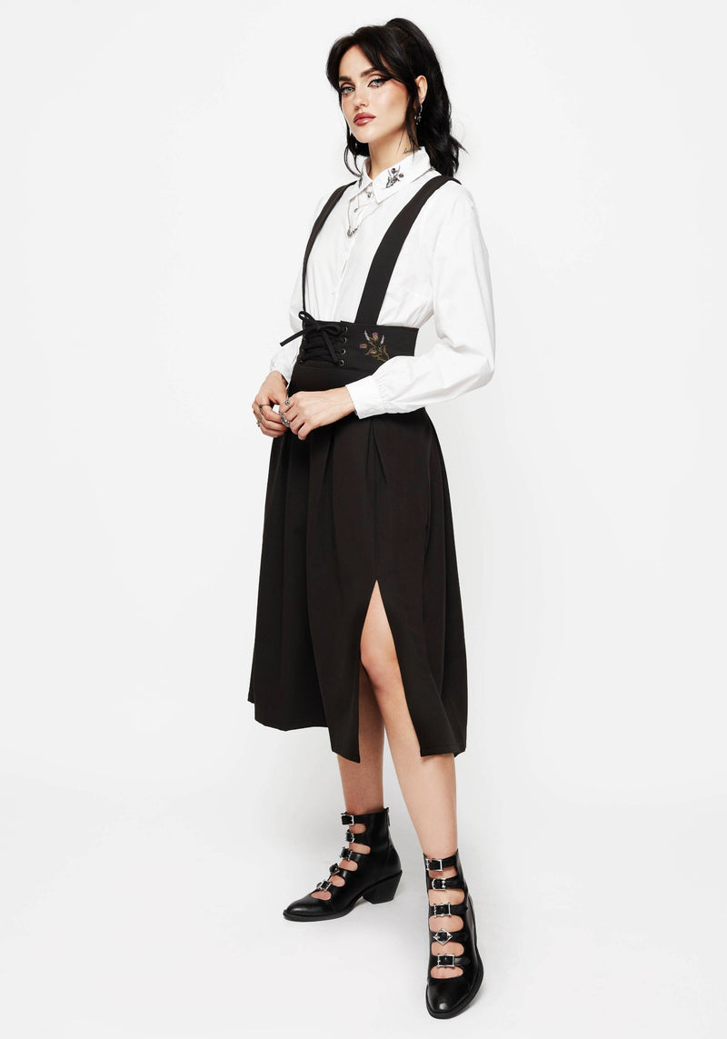 Despair Thistle Embroidered Tailored Pleated Pinafore Midi Skirt
