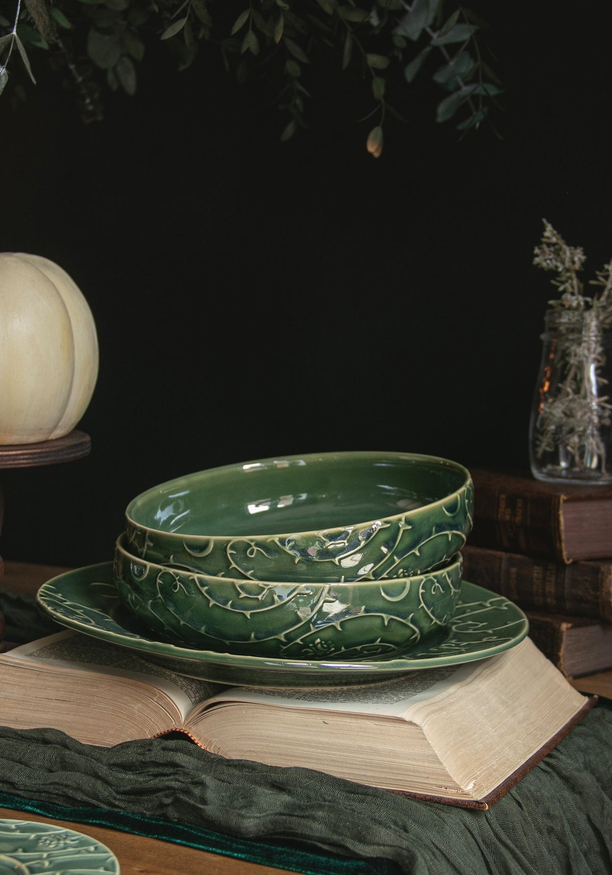 Rosethorn Floral Embossed Pasta Bowl  (4 Piece Set)