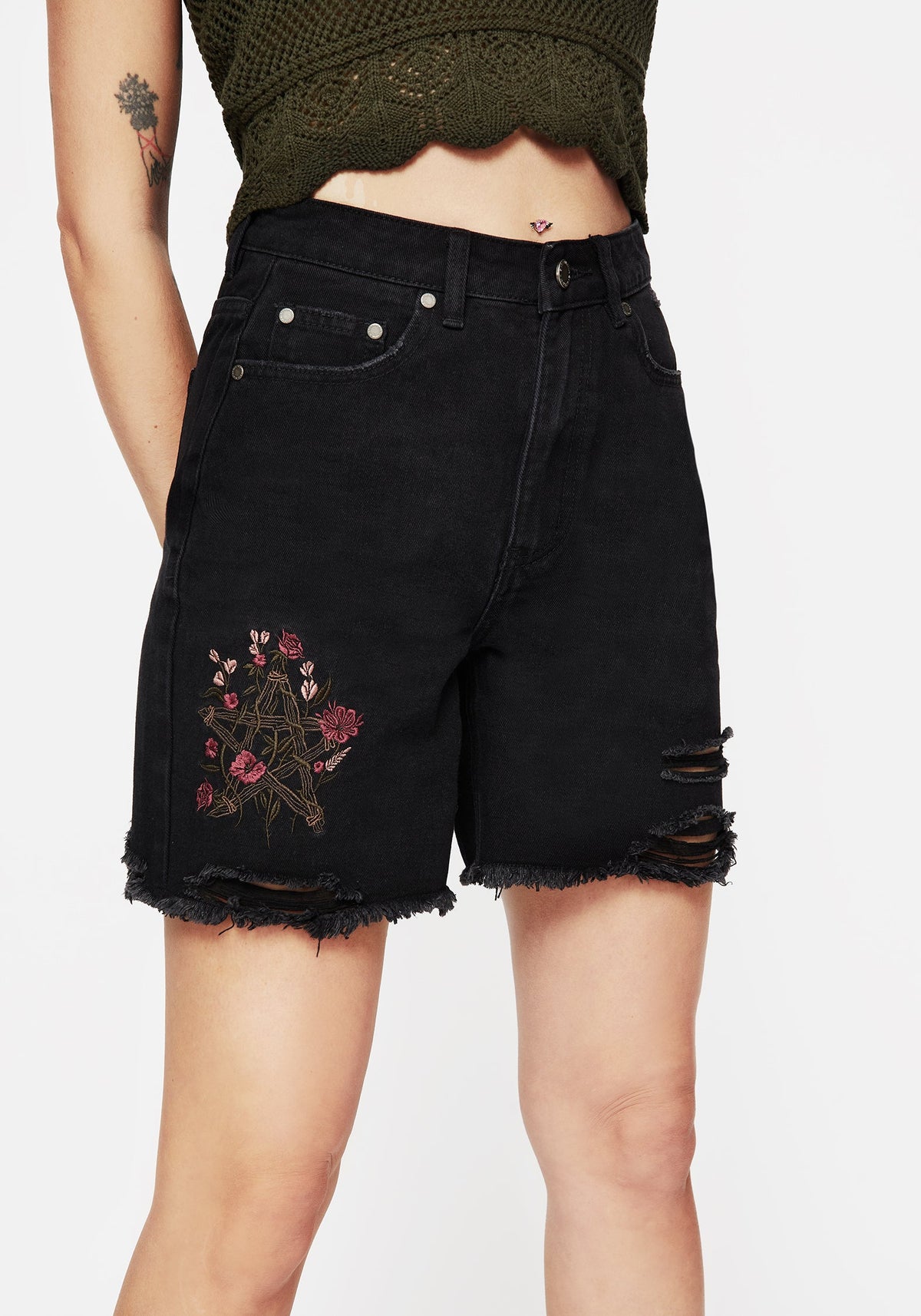 Aster Blumenmuster Bestickt Mid Length Denim Shorts