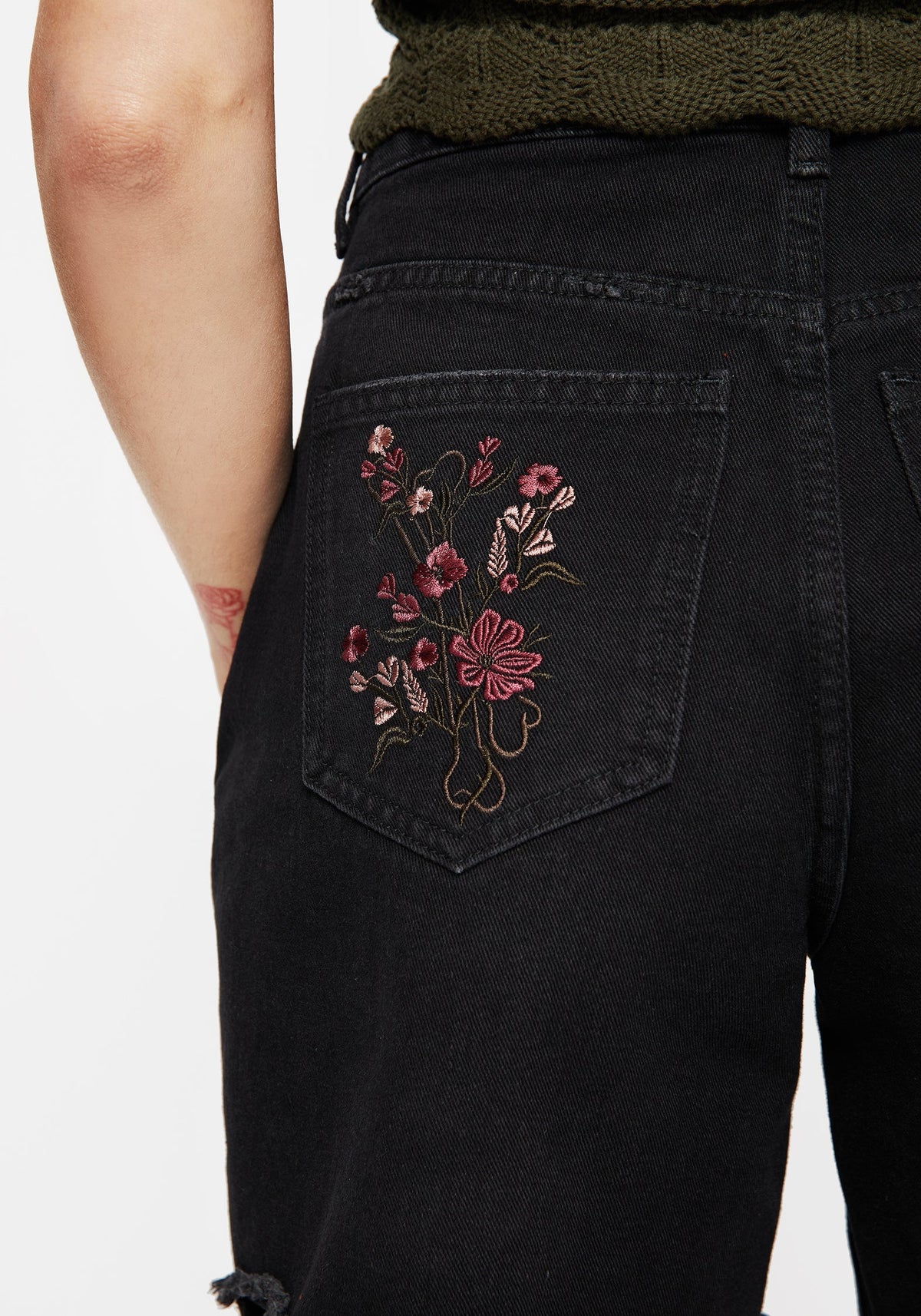 Aster Blumenmuster Bestickt Mid Length Denim Shorts