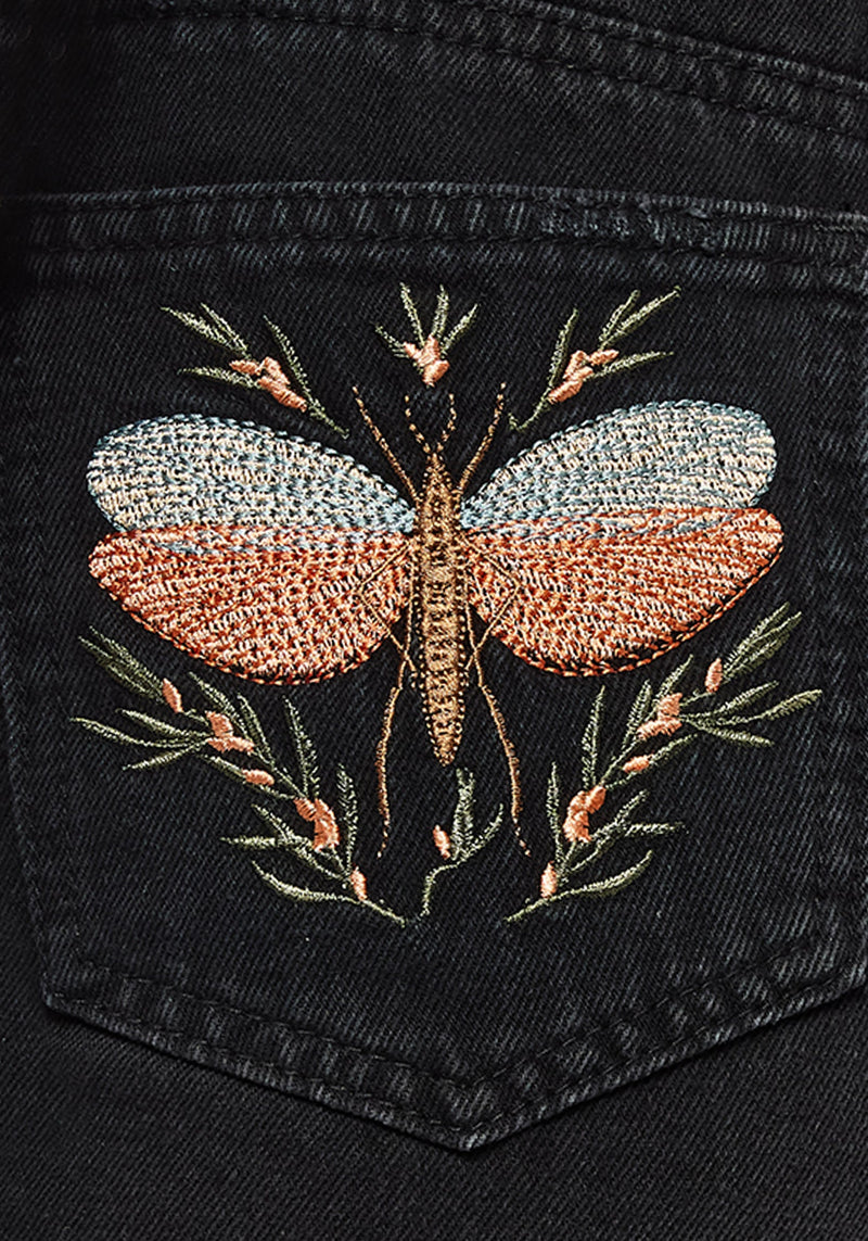 Griffinfly Embroidered Distressed Denim Shorts