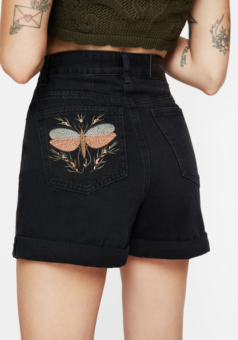 Griffinfly Embroidered Distressed Denim Shorts