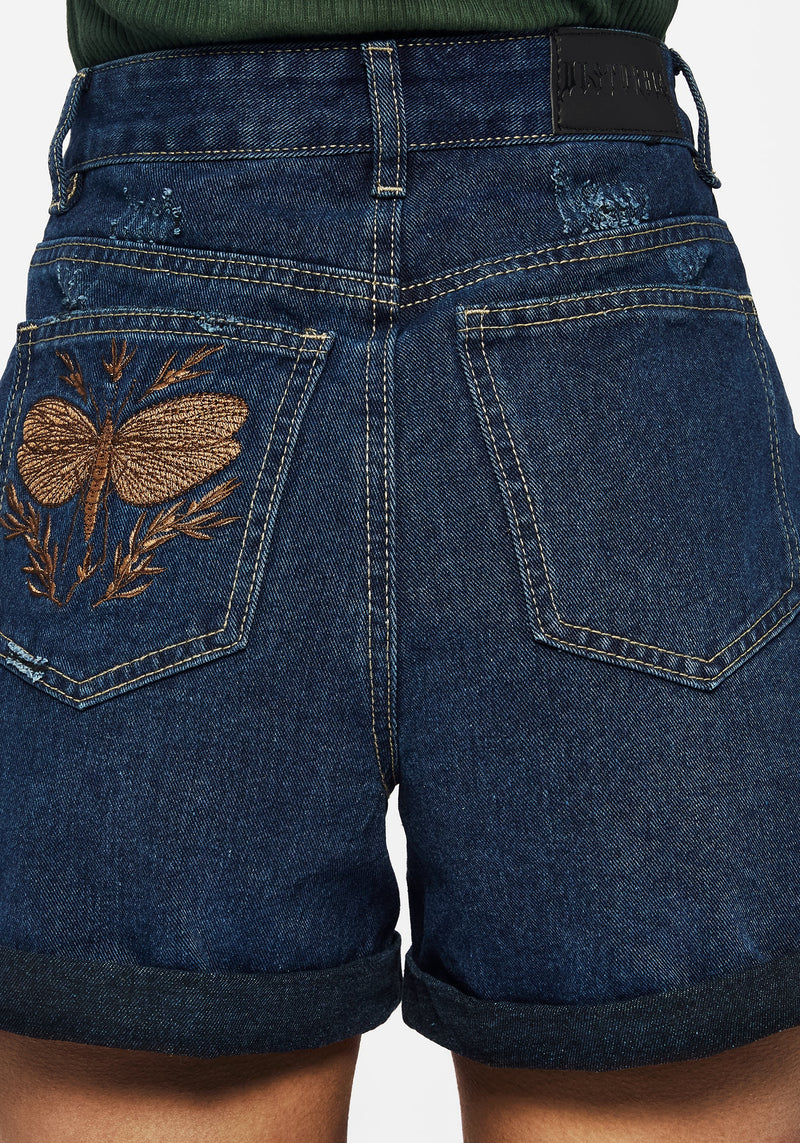 Griffinfly Embroidered Distressed Denim Shorts - Blue
