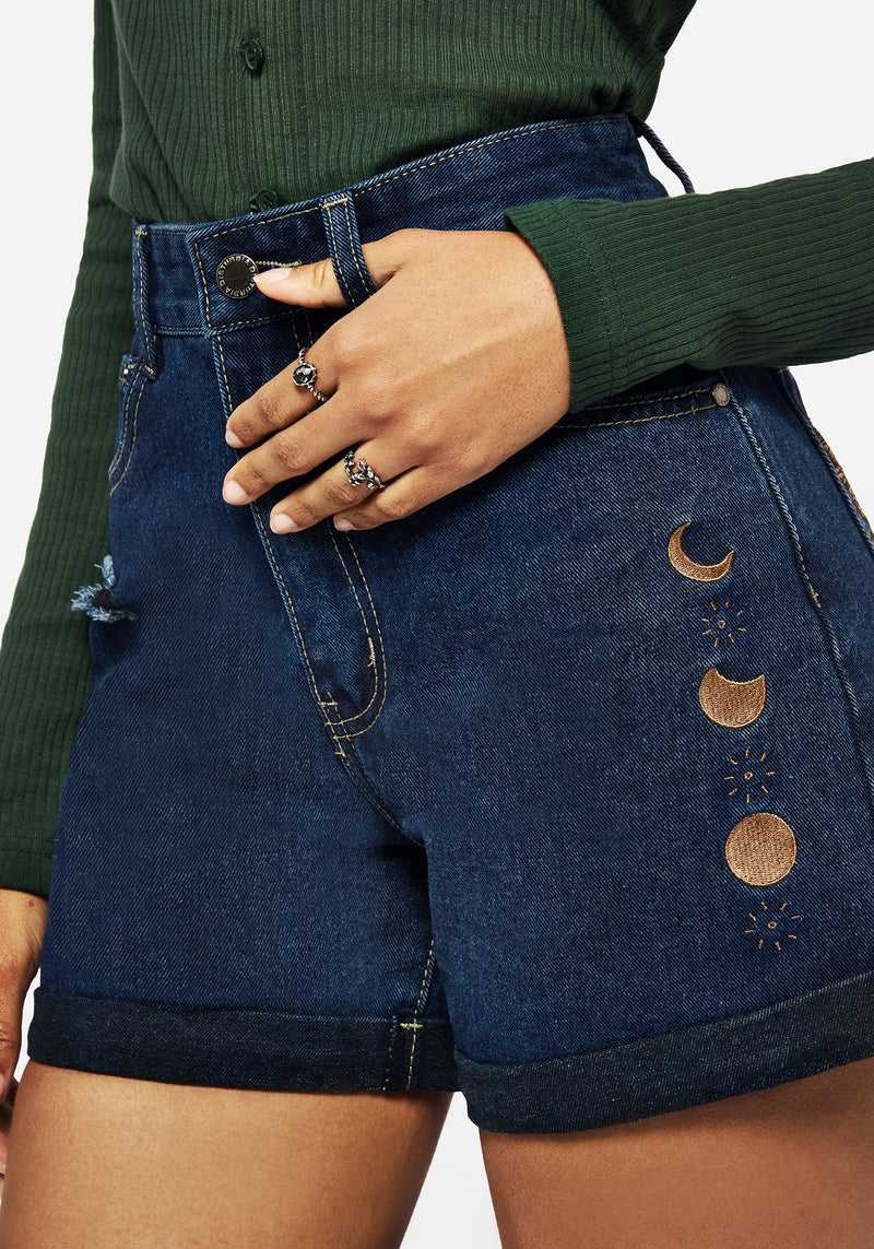 Griffinfly Embroidered Distressed Denim Shorts - Blue