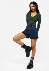 Griffinfly Embroidered Distressed Denim Shorts - Blue