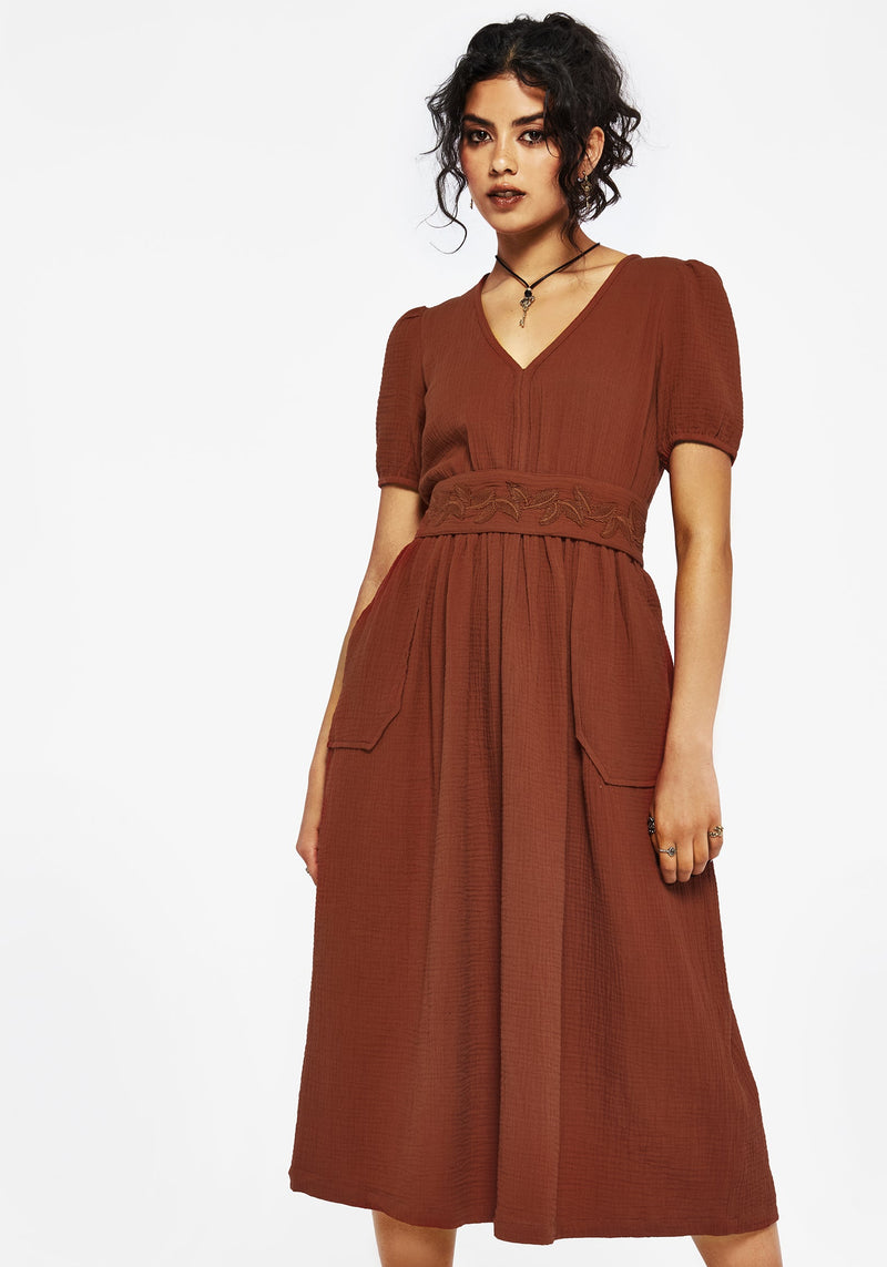 Tiana Cotton Applique Trim Midi Dress