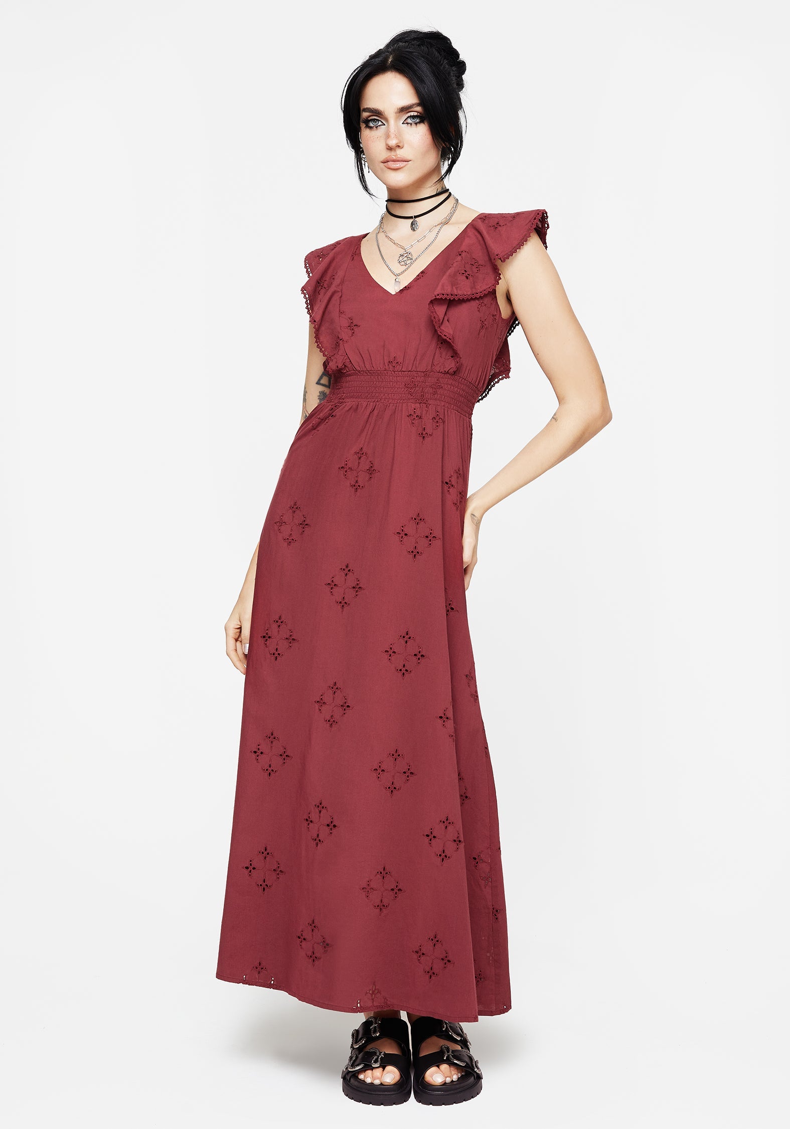 Crux Broderie Baumwolle V-Ausschnitt Rüsche Maxi Kleid