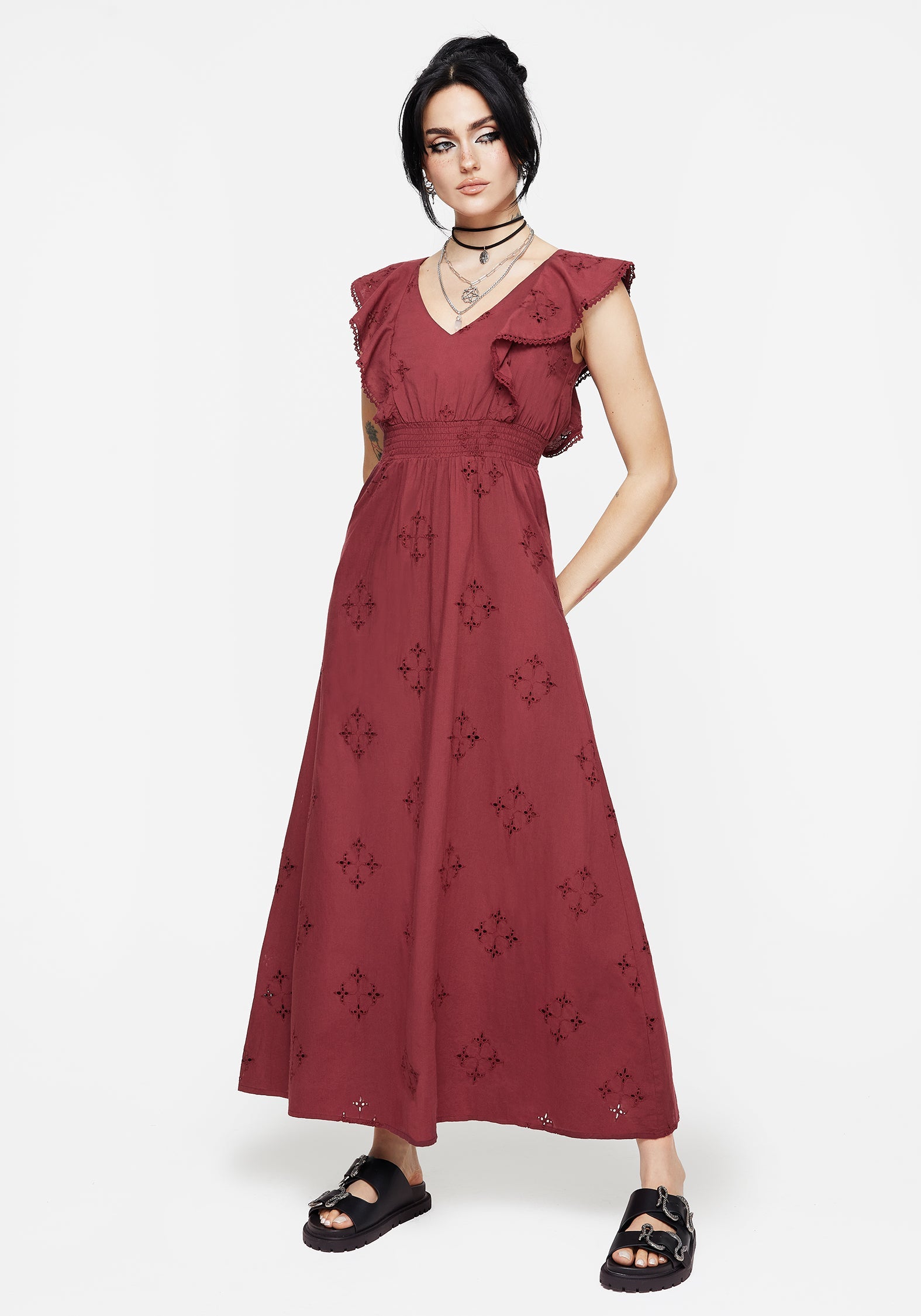 Crux Broderie Baumwolle V-Ausschnitt Rüsche Maxi Kleid