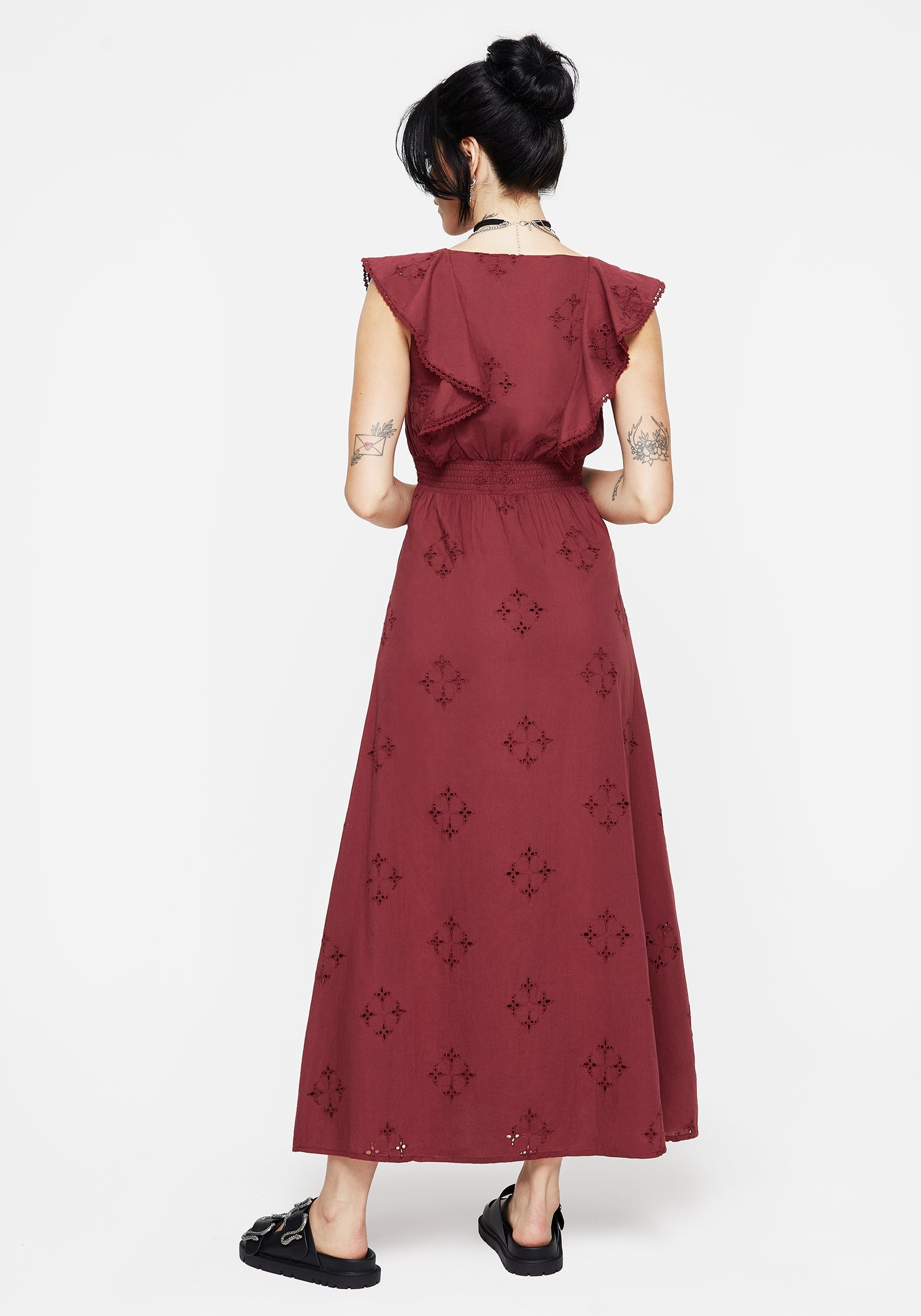Crux Broderie Baumwolle V-Ausschnitt Rüsche Maxi Kleid