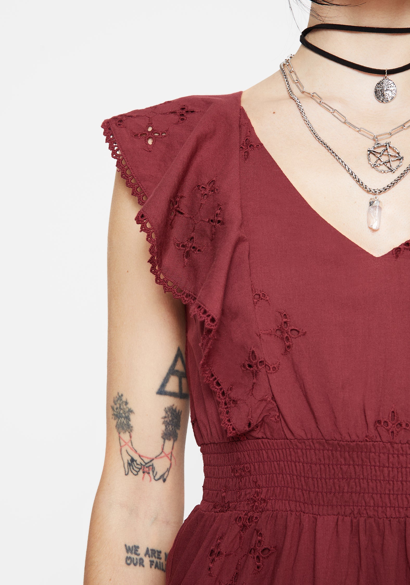 Crux Broderie Baumwolle V-Ausschnitt Rüsche Maxi Kleid
