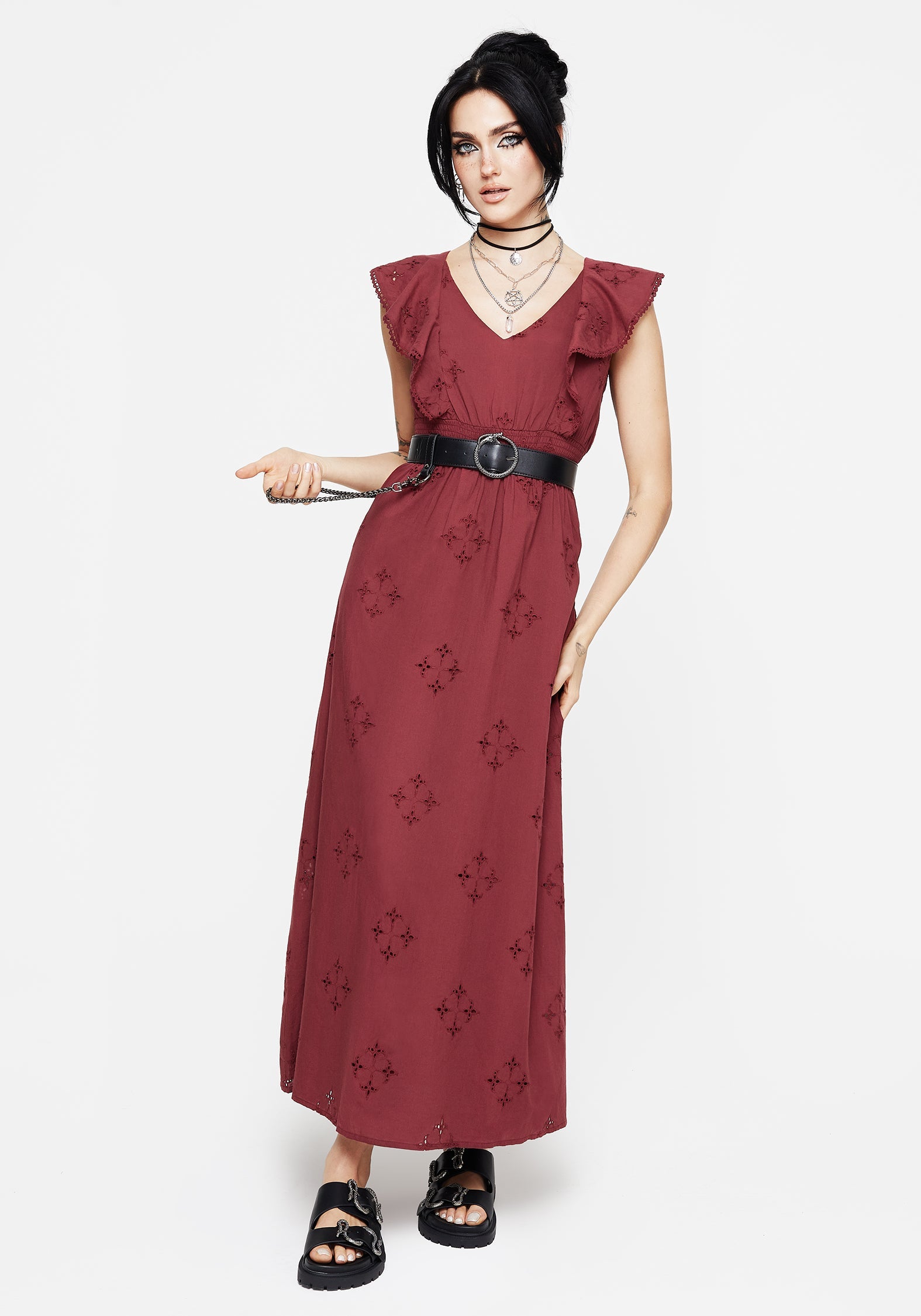 Crux Broderie Baumwolle V-Ausschnitt Rüsche Maxi Kleid
