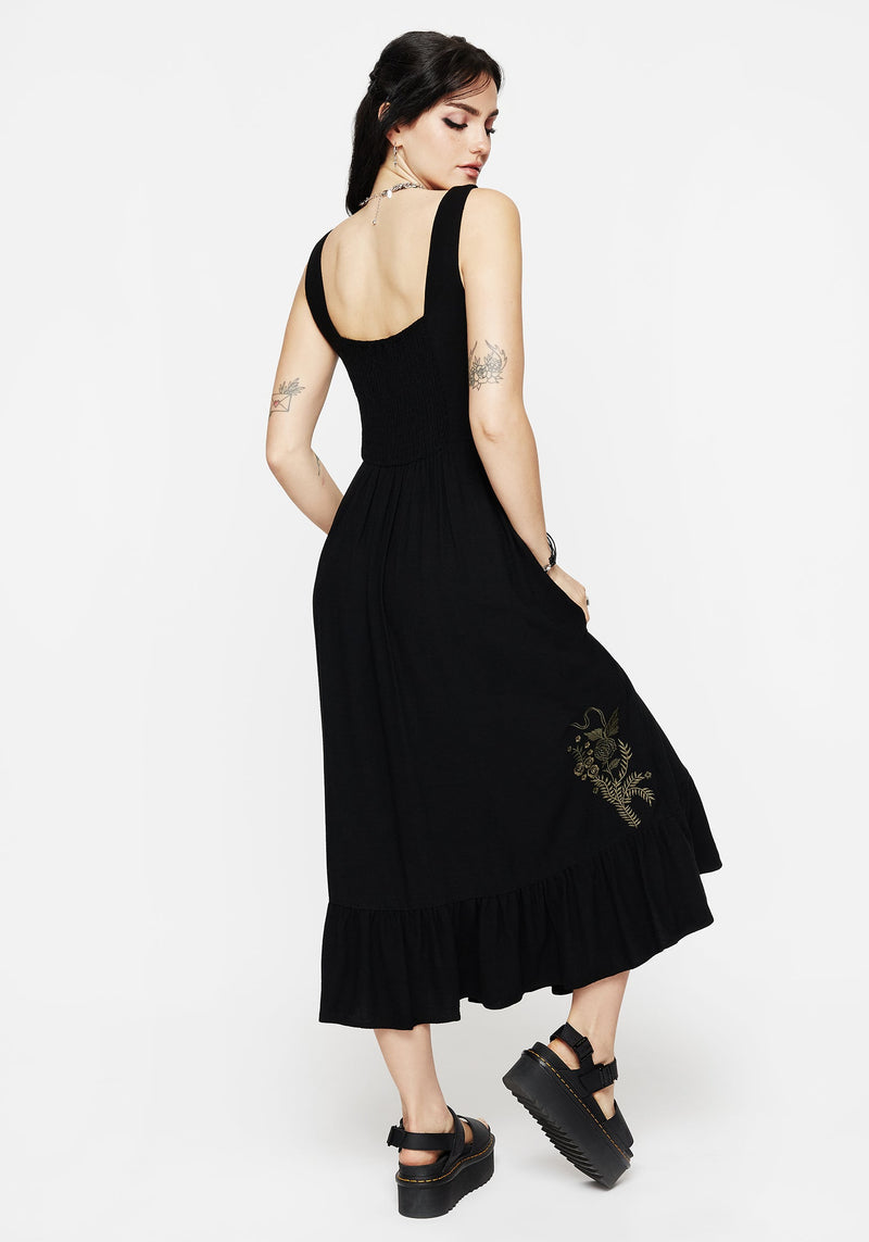 Foliate Linen-Blend Embroidered Sleeveless Midi Dress - Black