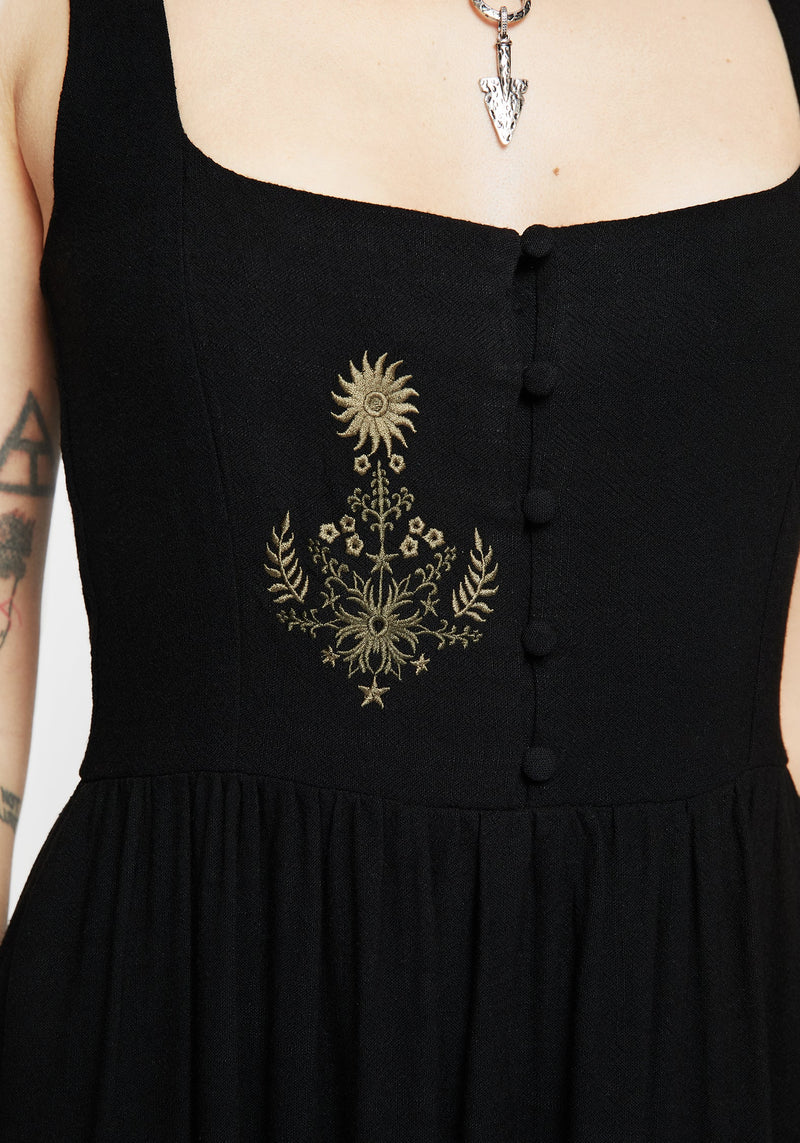 Foliate Linen-Blend Embroidered Sleeveless Midi Dress - Black