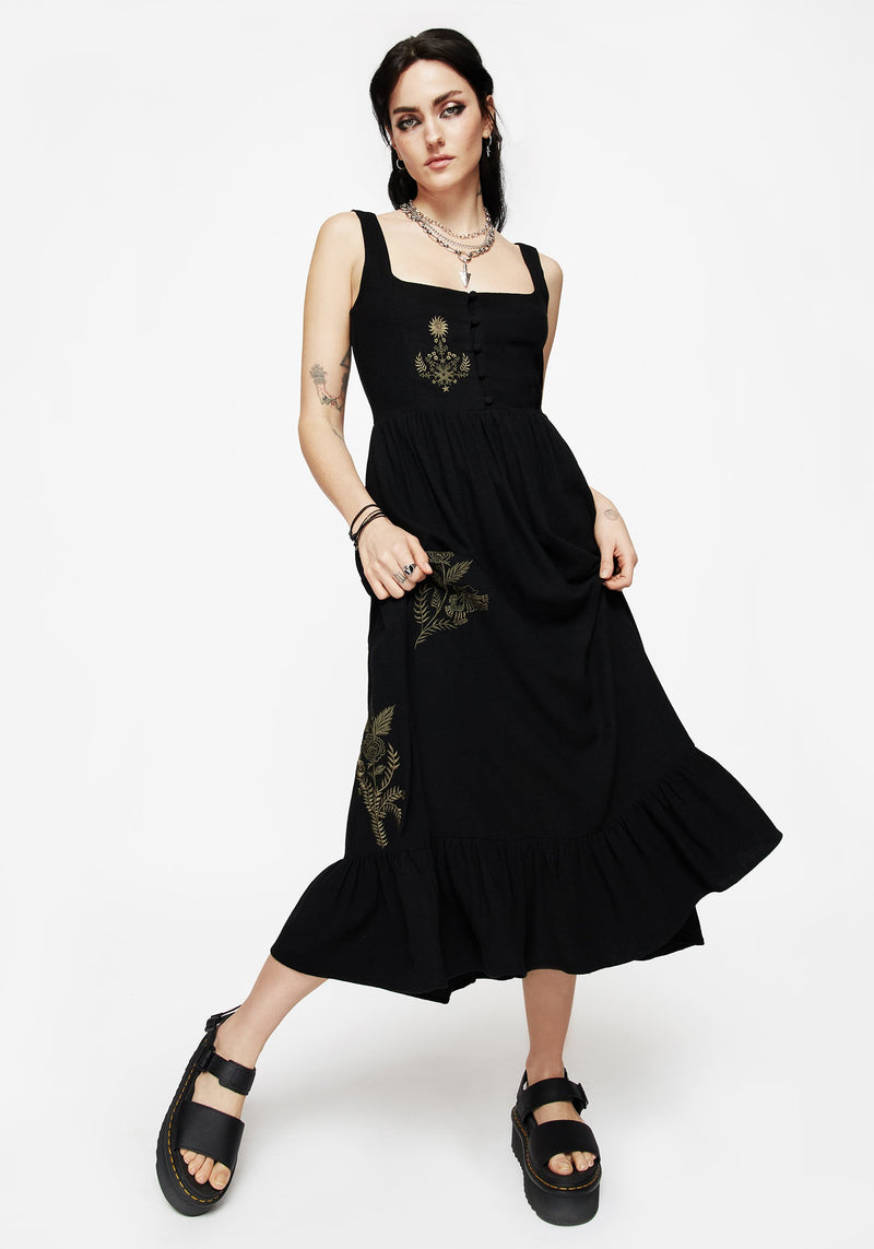 Foliate Linen-Blend Embroidered Sleeveless Midi Dress - Black