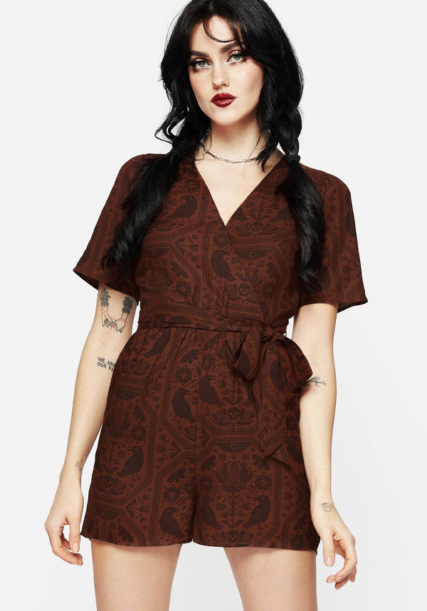 Annabel Raven Print Tie Waist Playsuit - Rust