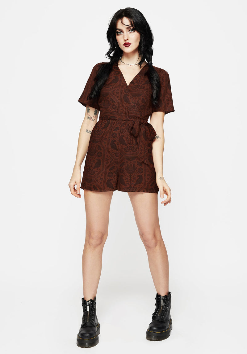 Annabel Raven Print Tie Waist Playsuit - Rust