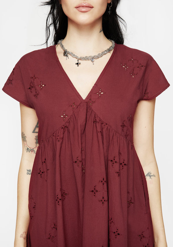 Crux Broderie Cotton Smock Mini Dress - Red