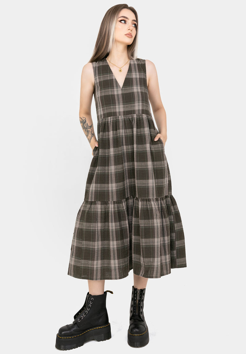 Clara Cotton Check Sleeveless Tiered Smock Midi Dress