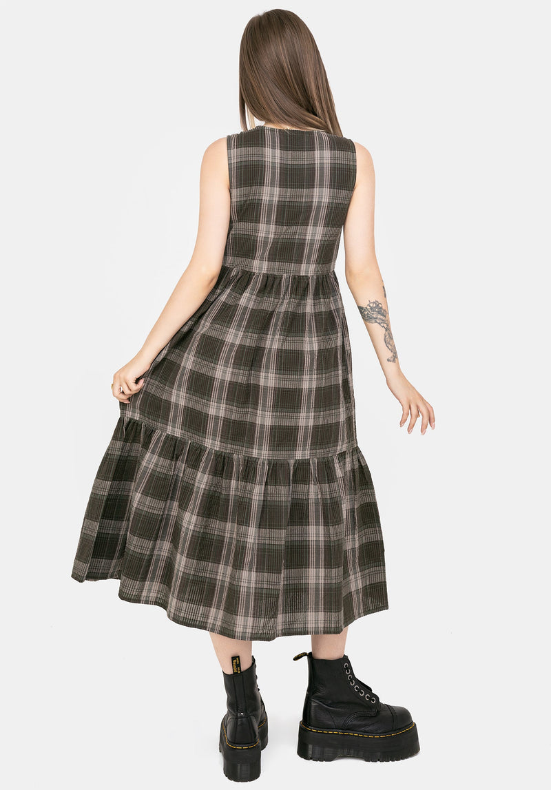 Clara Cotton Check Sleeveless Tiered Smock Midi Dress
