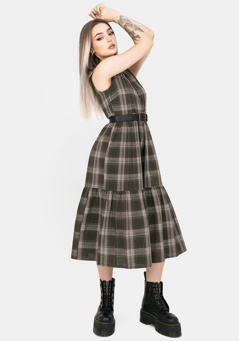 Clara Cotton Check Sleeveless Tiered Smock Midi Dress