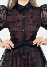 Sedona Organza Check Embroidered Puff Sleeve Midi Shirt Dress