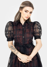 Sedona Organza Check Embroidered Puff Sleeve Midi Shirt Dress