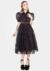 Sedona Organza Check Embroidered Puff Sleeve Midi Shirt Dress